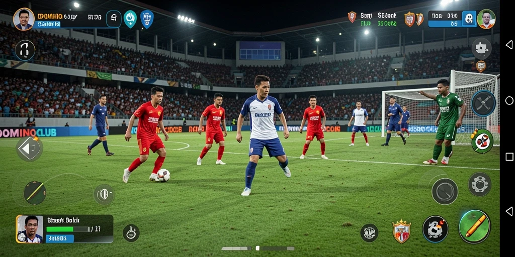 Screenshot gameplay DOMINOCLUB, menampilkan aksi sepak bola yang intens.