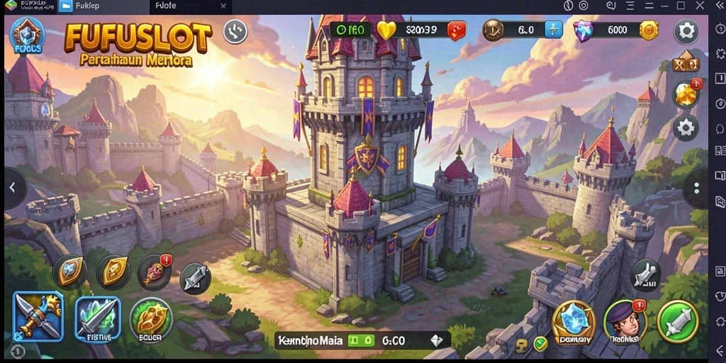 Screenshot FUFUSLOT menampilkan aksi pertahanan menara yang seru dan mendebarkan.