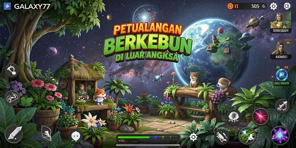 Tampilan gameplay seru dari GALAXY77 saat berkebun di luar angkasa.