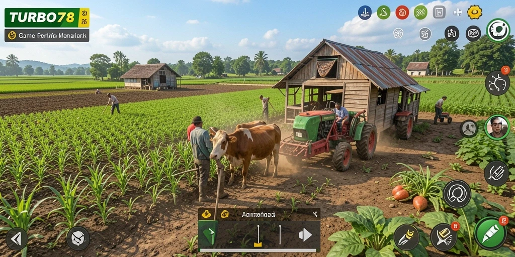 Tampilan screenshot TURBO78 yang menunjukkan aktivitas pertanian yang seru.