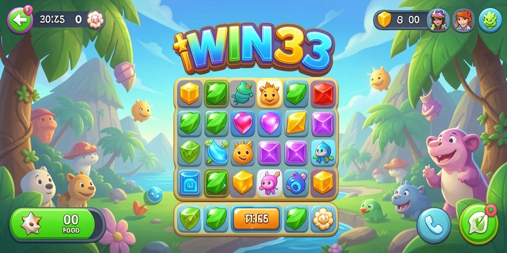 Screenshot gameplay WIN33 menampilkan aksi menyenangkan dari permainan Match-3.