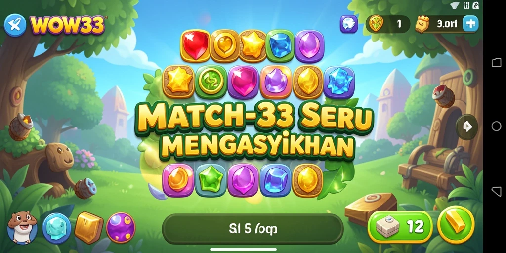 Tangkapan layar WOW33 menunjukkan gameplay Match-3 yang seru dan penuh warna.